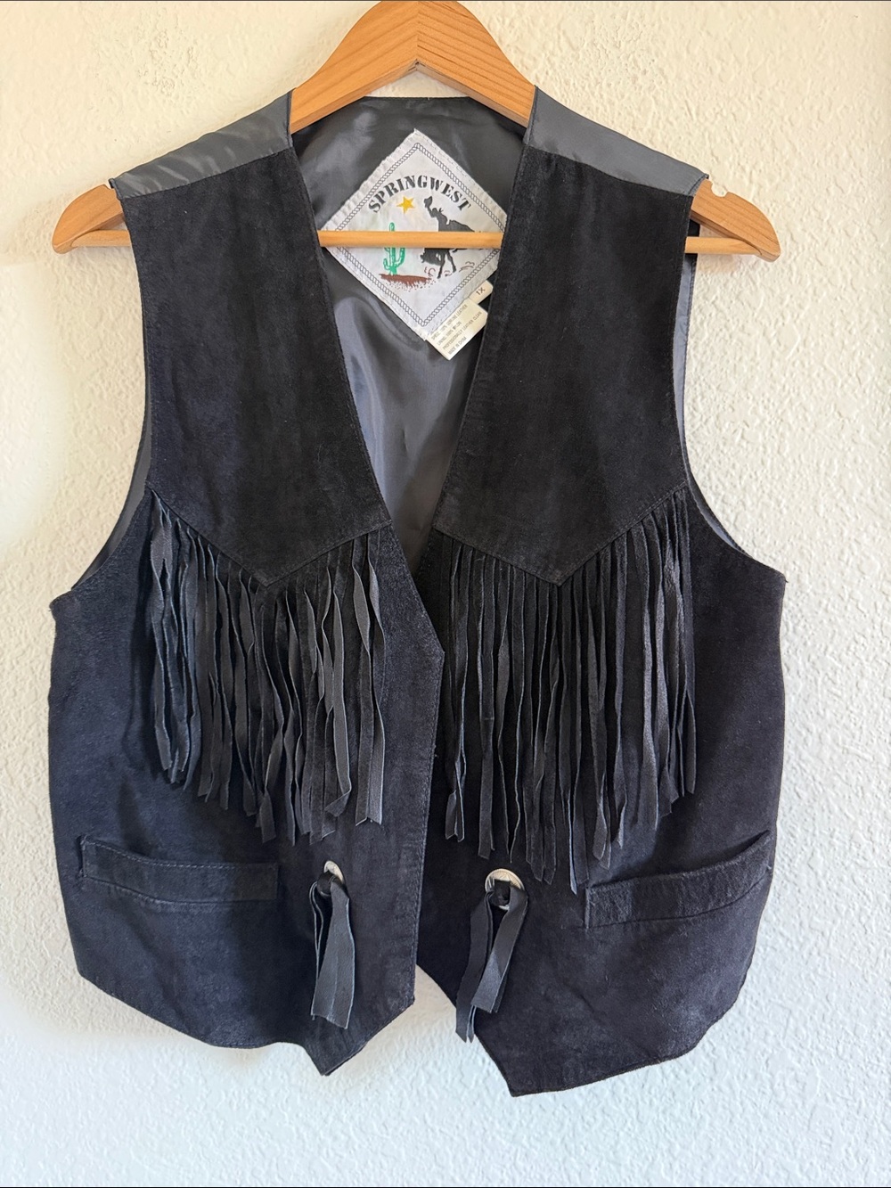 Springwest Vintage Genuine Leather Suede Fringe Vest Western Black 1X